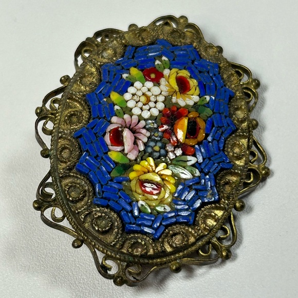 Vintage micro mosaic brooch filigree Italy Floral - Picture 3 of 7